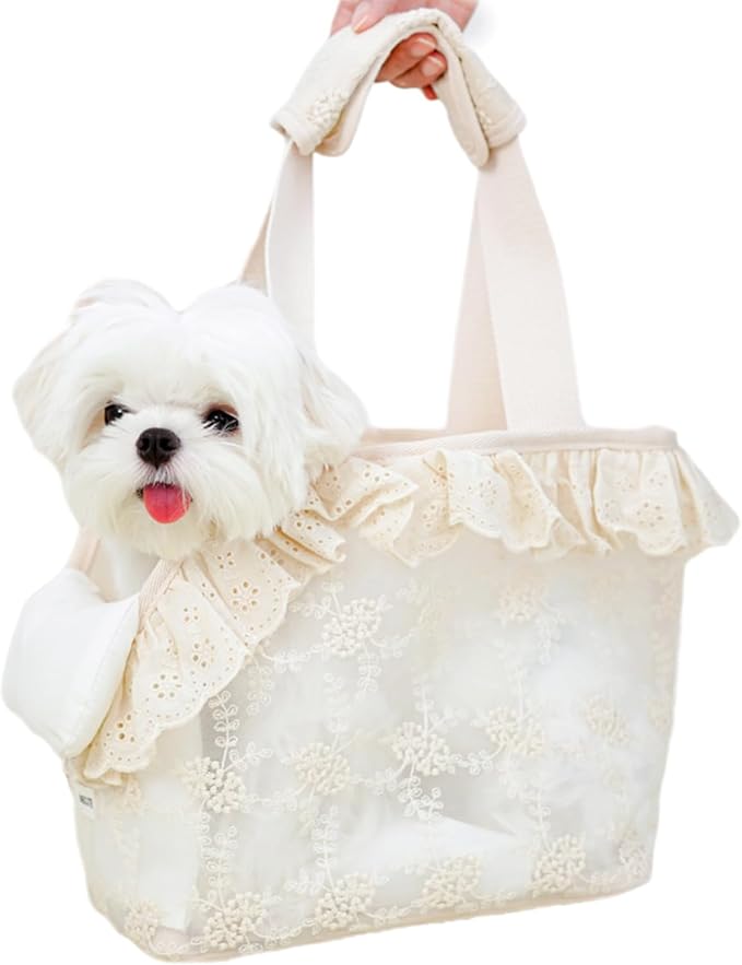 ONECUTE Dog Carrier for Small Dogs Rabbit cat with Lace Design, Cotton Bag, Dog Carrier Soft Sided, Collapsible Travel Puppy Carrier (Beige, 13" L x 6.7" W x 10.6" H)