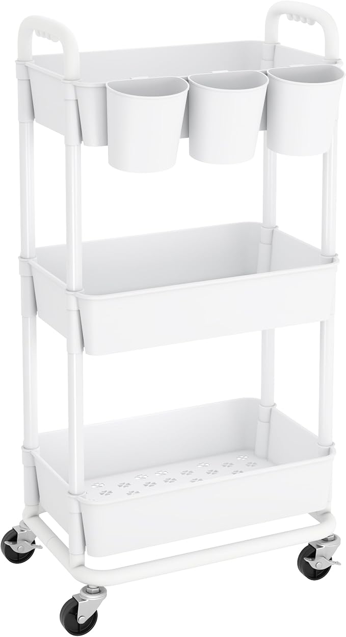 3-Tier Plastic Rolling Storage Cart Utility Cart with Extra Hanging Cups Handles Lockable Wheels for Living Room Bathroom Kitchen Office White | Utility Cart with Extra Hanging Cups Arc-Shaped Handles Lockable Wheels for Living Room Bathroom Kitchen Of...