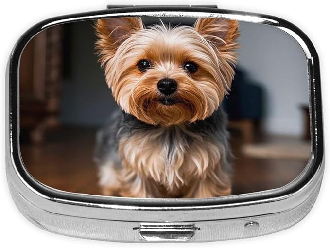 Pill Box with Mirror 2 Compartment Cute Pet Yorkie Small Pill Case for Purse Or Pocket Mini Metal Pill Holder Travel Weekly Medicine Tablet Vitamin Holder Organizer Travel Gifts