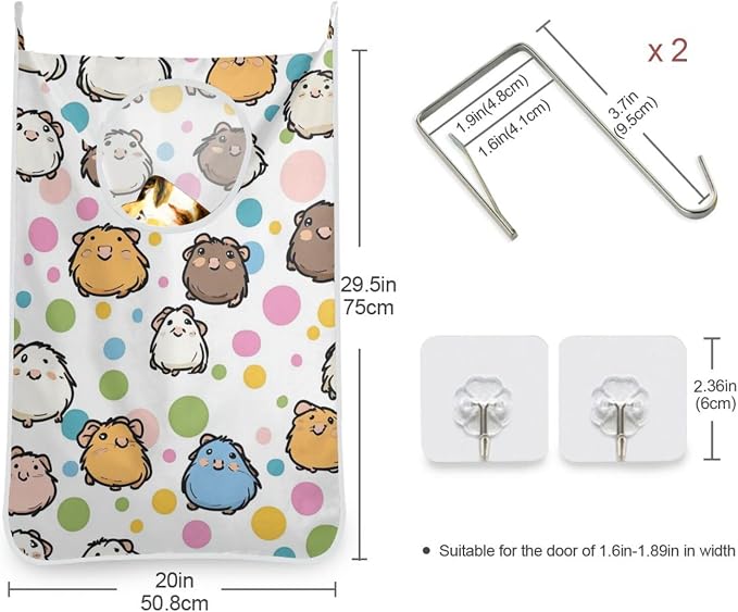 2PCS Hanging Laundry Hamper Bag Over the Door Laundry Hamper Wall Hamper Large Dirty Clothes Hamper with Stainless Steel Hooks 29.5x20Inch Color Guinea Pig Polka Dots