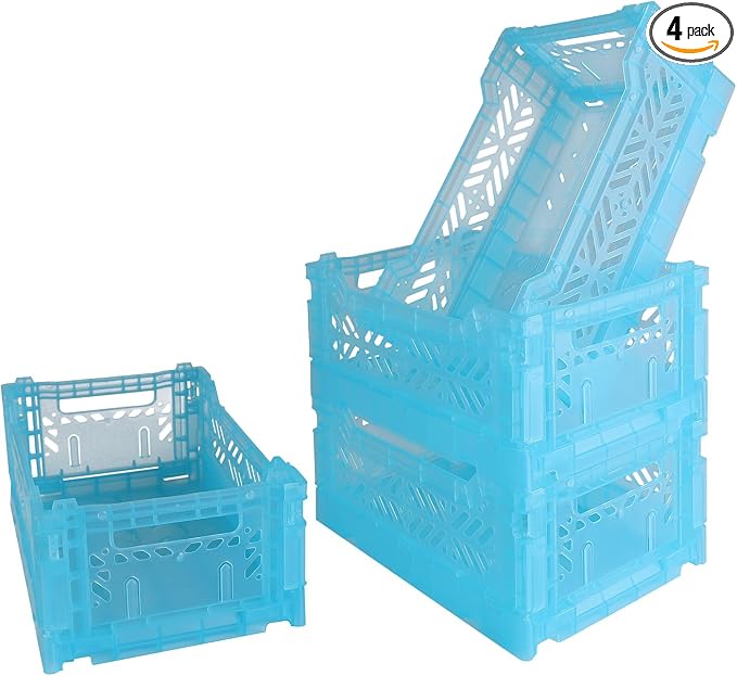Mid Size Pastel Plastic Storage Crates and Baskets, Collapsible Crates for Organizing, 4L Space Saving Bins for Classroom, Kitchen, Office, Bedroom,Desk Organizer. (Blue)