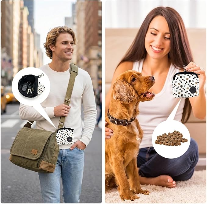 Dog Training Treat Pouch 5.12 x 4.72 Inch Clip on Pet Treat Bag Paw Print Pattern Polyester Portable Snack Reward Dog Food Dispensers with 1 Roll Garbage Bags for Traveling Outdoor Use