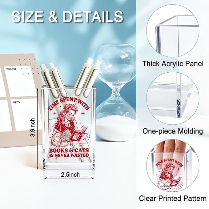 Time Spent With Books & Cats Acrylic Pencil Holder Cup, Funny Floral Cat Books Desk Organizer for Book Lover Bookish Bookworm Reader, Cats Lover Gifts for Mom Sister BFF, Pencil Cup for Desk