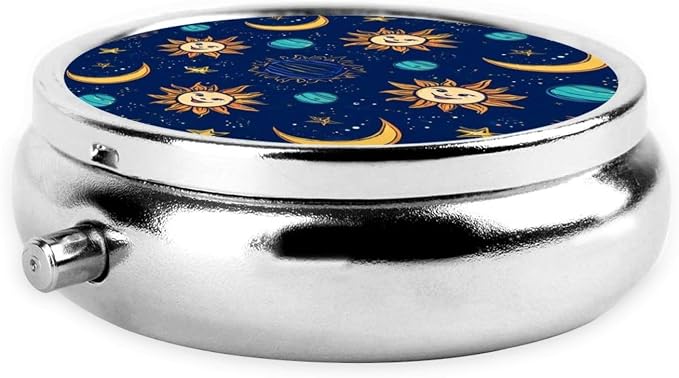 Mini Pill Organizer, Vintage Astrology Star Trippy Sun Moon Round Compact Dispenser, Portable Holder for Fish Oil, Travel Pill Box Purse Use for Students