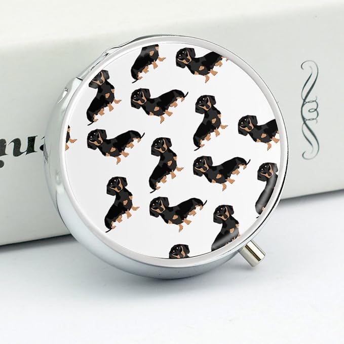 Dachshund Weiner Pet Dogs Round Metal Pill Organizer 3 Compartment Travel Pill Case with Mirror Waterproof & Leak-Proof for Daily Meds Vitamins Supplements Fits in Purse Pocket Bag