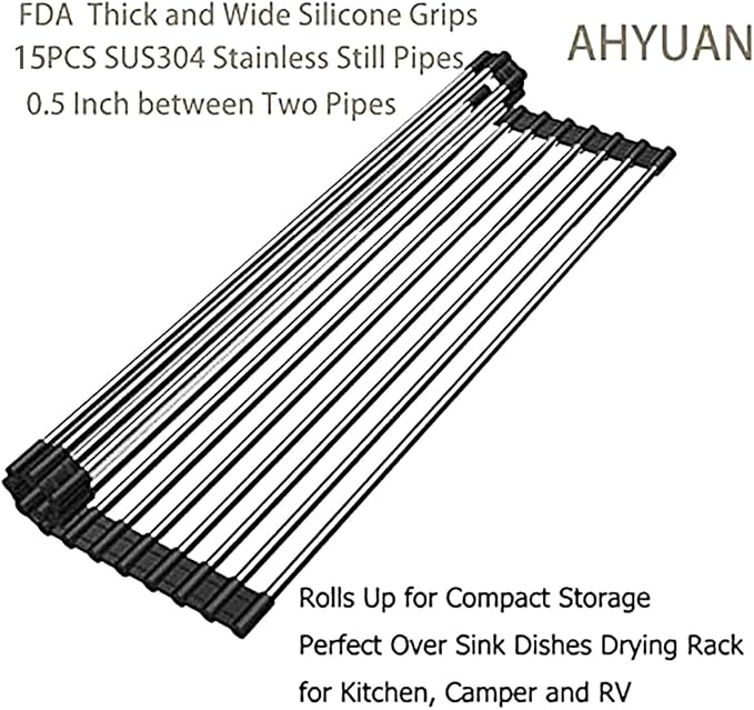 Ahyuan Roll up Dish Drying Rack Over The Sink Kitchen Roll up Sink Drying Rack Portable Dish Drainer Foldable Dish Drying Rack (Black, 17.8''X11.8'')