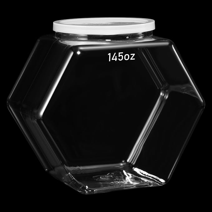 Uiifan Plastic Candy Jar with Lid Clear Hexagonal Fish Bowls,145 Oz | Clear Cookie Jar Desk Pet Display, Dog Food Craft Supplies Coffee Pod Storage, Wide Mouth Easy Access Organizer