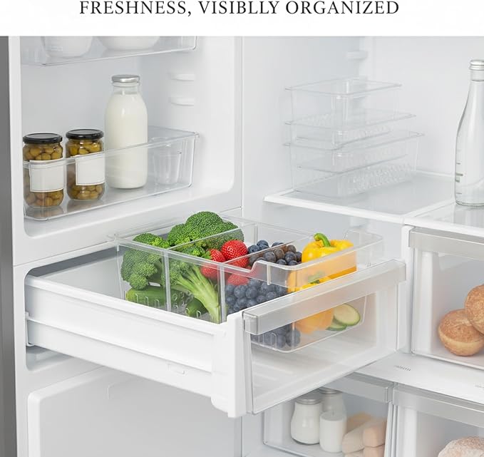 Clear PET Refrigerator Storage Bins - Stackable Produce Organizer for Fridge Drawers & Shelves, Durable Food Container (1 Pack)