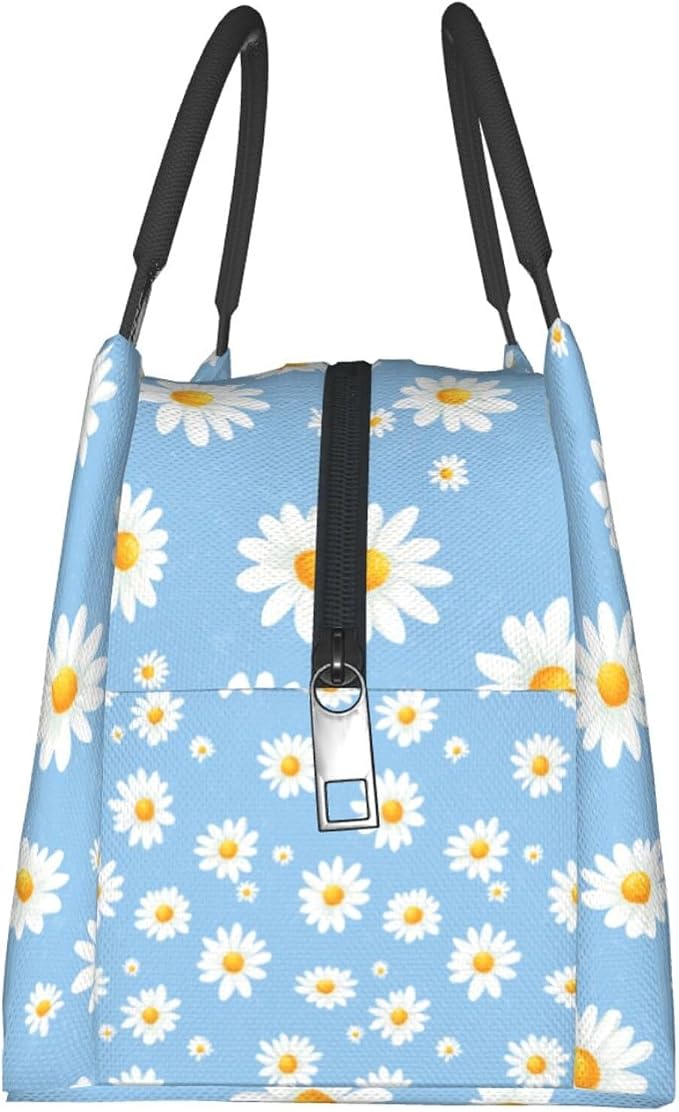 Daisy Flower Insulated Lunch Box for Girls Women,Reusable Tote Bag with White Floral Blue,Portable Lunchbox Handbag,Makeup Bags Organizer Gifts for Work Office Travel Picnic,11x6.3x6.7in