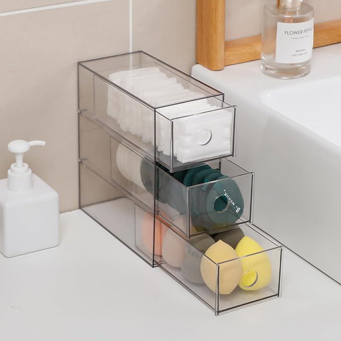 Clear Desk Drawers Organizer, 4 Pack, 12 Drawers, Plastic | For Home Office Supplies, Marker Pen, Art Crafts, Crayons, Coffee Pods, Makeup, For Bathroom, Kitchen, Pantry, Coffee Bar