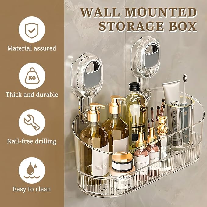 hoehew No-Drill Bathroom Suction Storage Box, Powerful Suction Cup Storage Rack Corrugated Suction Cup Storage Holder Shower Shelf Heavy Duty Shower Kitchen Organizer