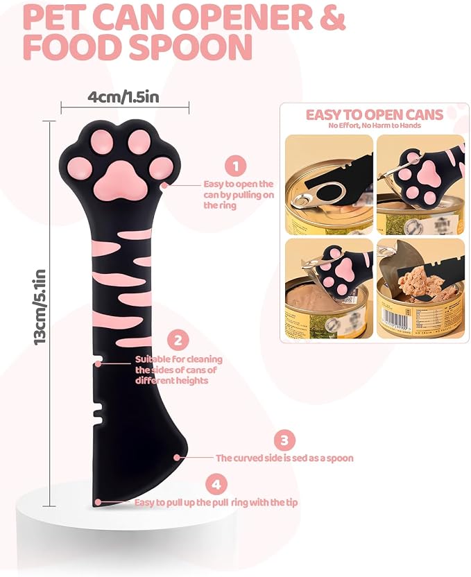 5 PCS Cat Food Can Covers Lids Set, Silicone Pet Food Can Lids with Multi-Function Cat Food Spoon and Opener, Cat Bar Squeezer, Stainless Steel Wet Food Spoon for Cats and Dogs (Pink) (Black Pink)