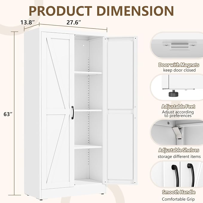 White Metal Storage Cabinet, 63" Kitchen Pantry Cabinets for Office | Steel Kitchen Pantry Storage with Doors and 3 Adjustable Shelves, Metal Tool Cabinet, for Office, Home, Garage, School