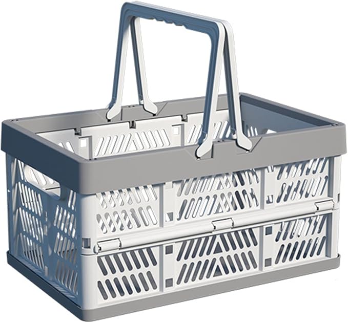 Collapsible Plastic Storage Crate - 20L Folding Organizer Basket Portable Stacking Storage Crate Bin with Handle, for Camping, Picnic, Car Trunk, Home Storage (Gray, M)