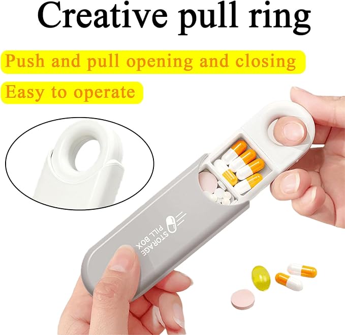 Cute Pill Organizer, Small Size Pill Case Dispenser with Pull Tab | 3 Compartment Compact Portable Daily Medicine Box for Vitamins, Medications, Fish Oils, Supplements, Capsules, Gray