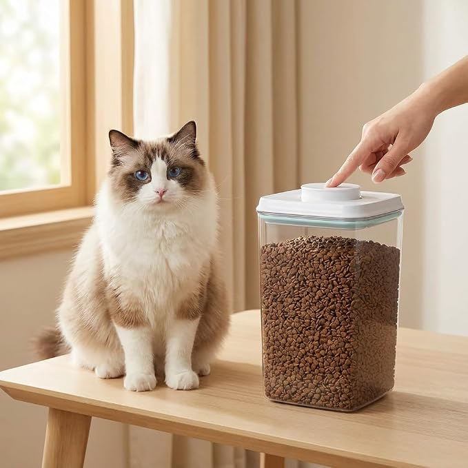 Dog-Cat Food Storage Containers 2 Pack, 4.2 Qt Each, Airtight | Two clear 4 L/4.2 Qt canisters with one-push airtight lids; includes two 130 ml scoops; BPA-free and stackable.