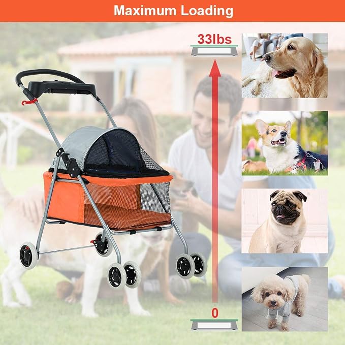 HGS Pet Cat Dog Stroller 4 Wheels Jogger Puppy Travel Carrier Portable Doggie Cage Strolling Cart with Cup Holders, 35Lbs Capacity Folding Waterproof Strolling Cart for Medium Dogs Cats Pet, Orange