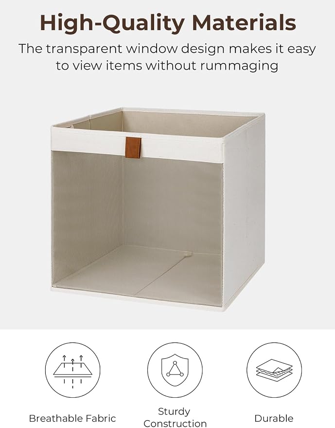 StorageWorks 13x13 Storage Cubes, Fabric Storage Bins, Beige, 3-Pack | Clear Window for Visibility, 2 Soft Leather Handles, Collapsible, Flip to Show/Hide, Storage Baskets for Closet, Shelf, Cubby