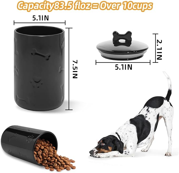 Dog Treat Container Airtight - 9"x5" Ceramic Big Treats Jar with Lid(Black) | Large Capacity Doggie Cookie Jar for Countertop, Airtight Lid Keep Food Fresh, Sturdy Durable, Cute Prints and Bone Handle