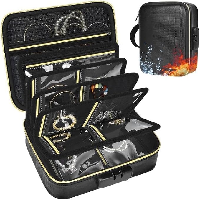 Fireproof Travel Jewelry Organizer Case with Lock & 6 Binder Pages | Silicone-Coated Fiberglass, Tangle-Reducing Layout，Clear Storage Book for Necklaces, Earrings, Rings & Bracelets-Bag Only