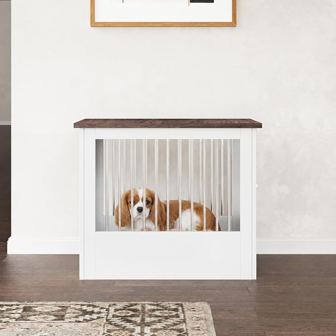 30" Wooden Dog Crate Furniture,Medium Kennel Pet Cage End Table for Indoor | for Small Medium Dogs, White and Wood, Fits Living Room Bedroom, Heavy Duty Steel Frame with Lock 45 lbs Cap, 100 lbs Top.