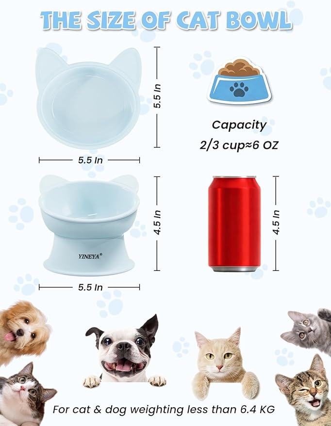 YINEYA Elevated Cat Bowls 2 Pcs, Cat Food Bowl to Protect Neck & Anti-Vomit, Whisker-Friendly Raised Food and Water Bowls Set for Indoor Cats/Small Dogs, Cute Pet Feeding Bowl 6 OZ Each, Yellow & Blue