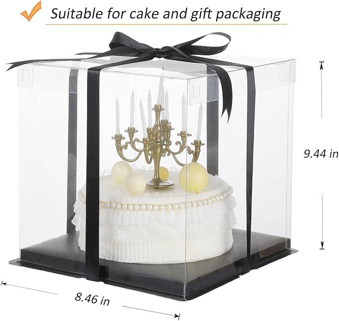 XININSUN 6inch Clear tall cake Box with Ribbon, 8 X 8 X 9inch for Bakery Boxes Clear Gift Boxes,ideal for wedding birthday party and gift display-Black
