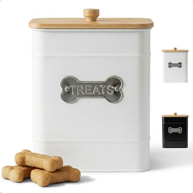 Dog Treat Container Airtight, 6"W x 8"H, Powder Coated, 12 Cup Capacity | Fits All Popular Treats, 12 Cup Capacity, Airtight Bamboo Lid, Easy Open Lid, Dent-Resistant Durable Metal