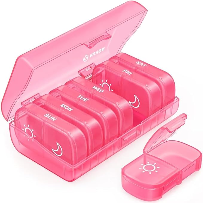 AUVON Weekly Pill Organizer 2 Times a Day, One-Side Large Opening, Easy‑Use | XL AM PM Pill Case, Travel Pill Box 7 Day, Medication Organizer for Medications, Vitamins, Fish Oils, Supplements, Pink