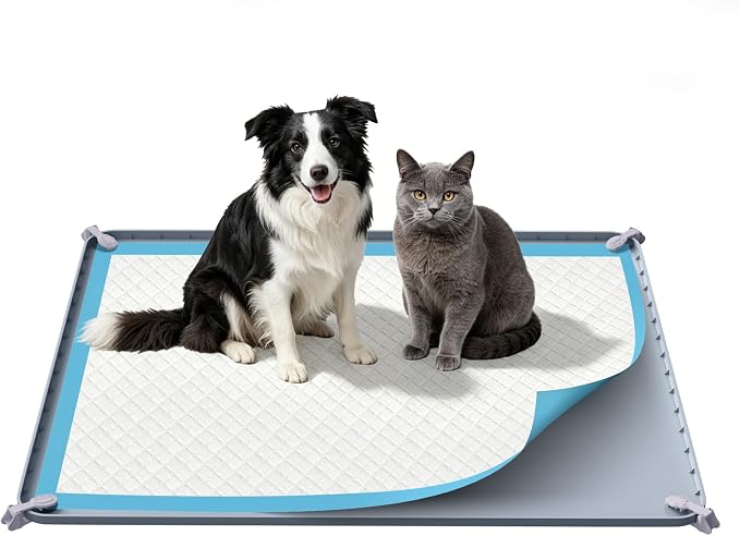 Pee Pad Holder, 28×34 Inch Thickened Silicone Dog Pee Pad Holder Tray | Non Slip Raised Edge Anti Spill Puppy Pad Holder with 4 Fixed Clamps, Easy Cleaning Floor Protection for Puppy Potty Training