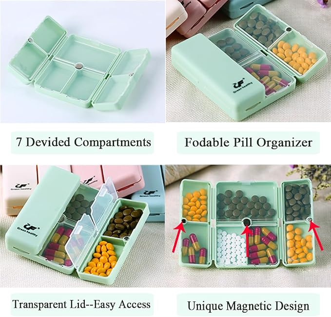 Daily Magnetic Pill Box Organizer 7 Tray Travel Size Medicine Case | Cute Small Pocket Pill Dispenser Container Capsule Reminder Tracker for Medication, Fish Oil, Supplement, Tablets, Pink