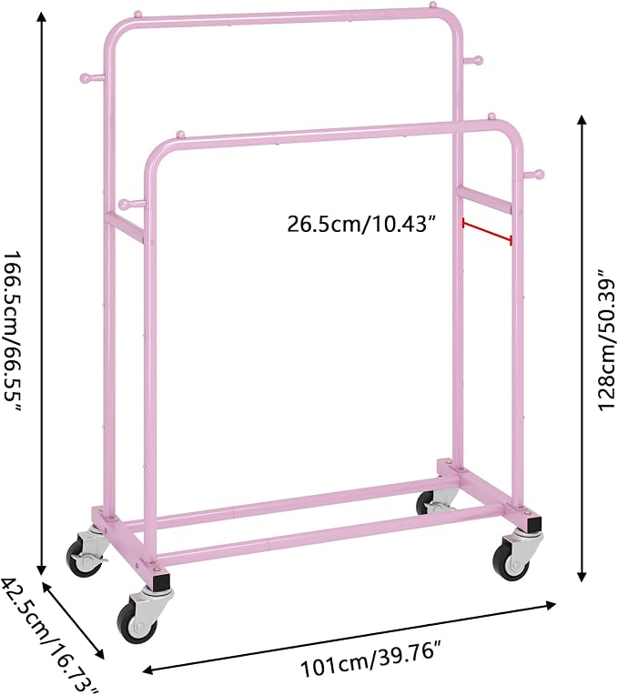 Laiensia Double Rods Garment Rack with Wheels, Clothing Rack for Hanging Clothes,4 Hooks, Multi-Functional Bedroom Clothes Rack, Pink