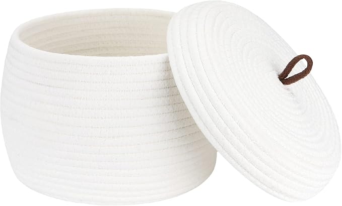 Sea Team Round Woven Cotton Rope Storage Basket with Lid, White | Lidded Knitted Decorative Storage Bin, Pot, Caddy, Organizer, Container for Snacks, Towels, Plants, 10 x 7.5 Inches