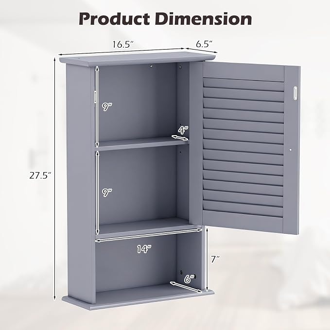 Tangkula Medicine Cabinet, Wall Mounted Bathroom Cabinet Single Door Wooden Bathroom Wall Cabinet with Adjustable Shelf (Grey)