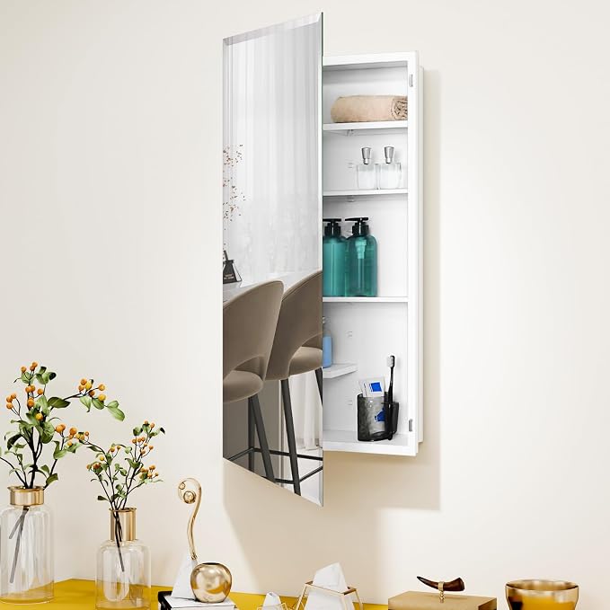 White Metal Medicine Cabinet, 20 x 36 Beveled Mirror, Surface Mount Storage | 20 x 36 Bathroom Mirror Cabinet with Adjustable Staggered Shelves, Continuous Piano Hinge, Reversible Door Swing, Matte White