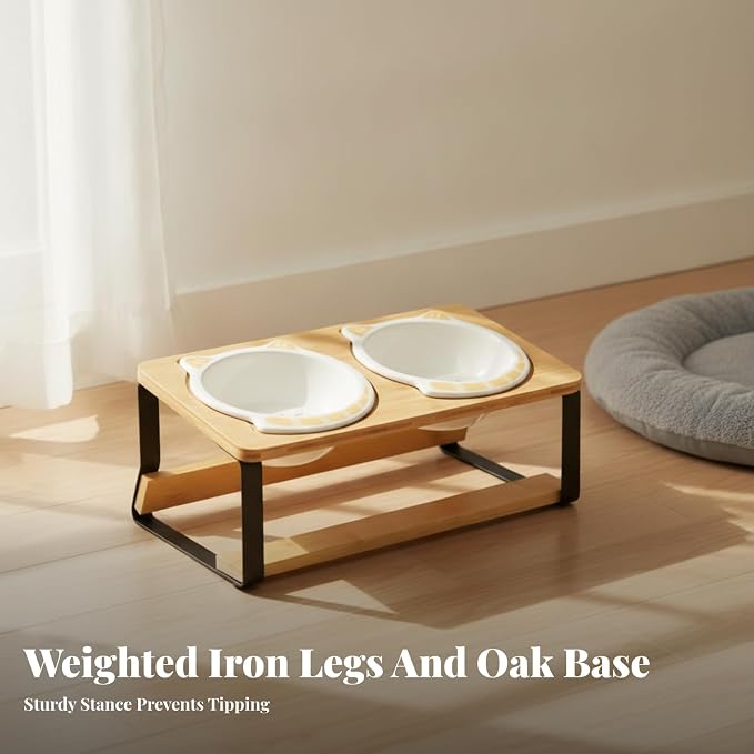 Cat Bowl Stand Elevated Feeder Raised Holder Double Dish Organizer Bamboo Wood and Iron Slanted Feeding Board with Two Round Slots Suitable for Cats