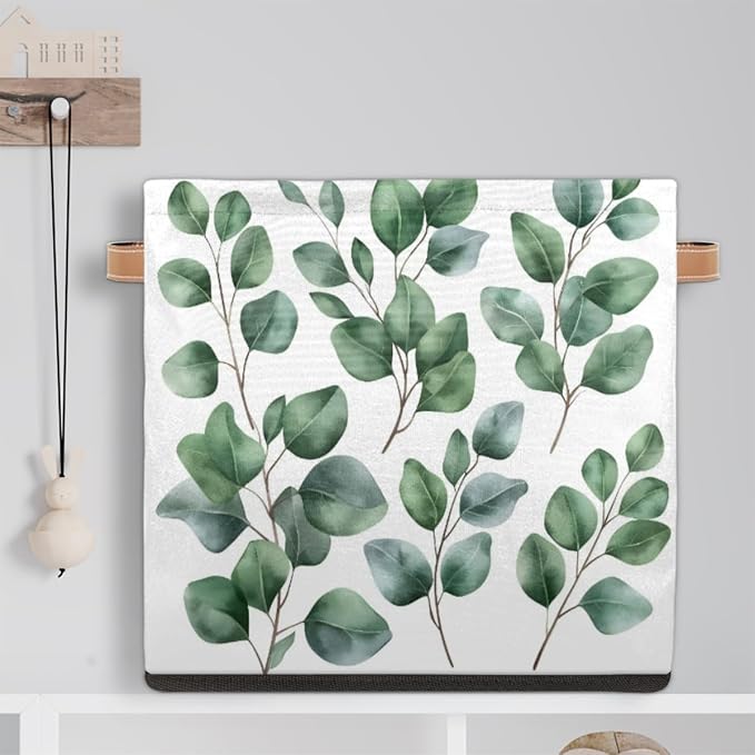 Eucalyptus Cube Storage Bin, 13 Inch Collapsible Fabric Storage Cubes Bin, Eucalyptus Leaves Foldable Cube Baskets for Shelf, Closet, Organizer