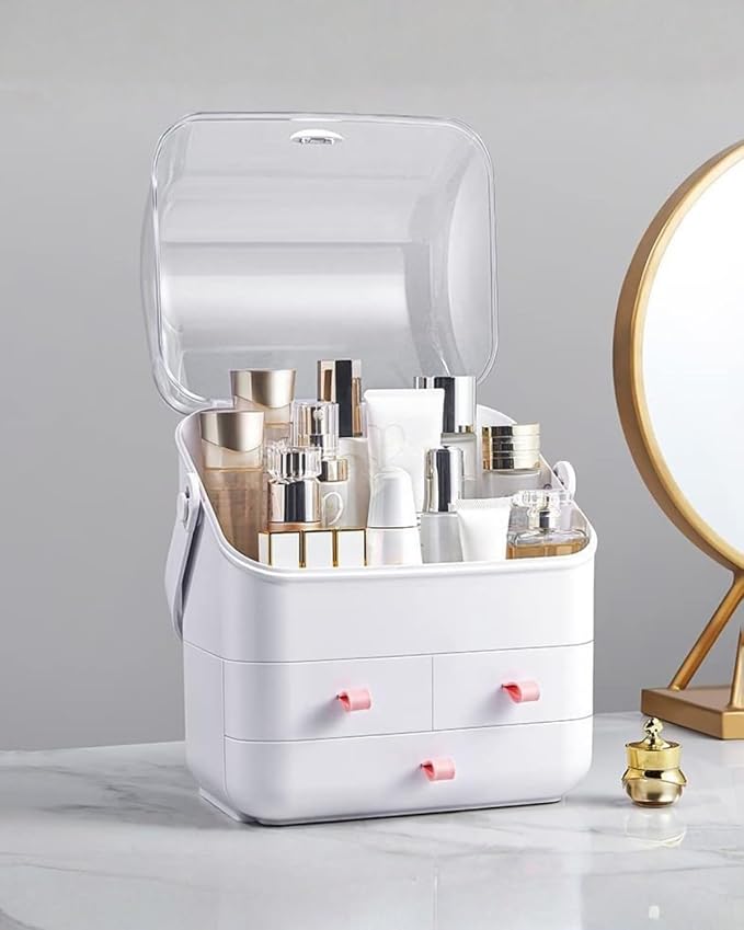 LINFIDITE Cosmetic Storage Box with Lid Makeup Organizer Box with Dust Free Cover Portable Handle,Large Makeup Display Case with Drawers Fully Open Lid,Great for Dresser Bathroom Countertop