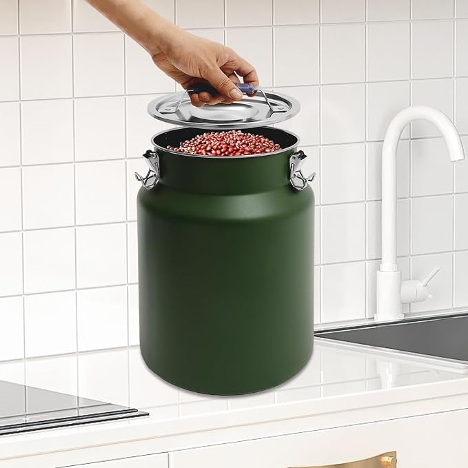 12L Stainless Steel Rice Storage Container with Airtight Lid&Handle, Green | Secure 3-Buckle Locking Lid, Portable Handle and Wide Opening, Stores Rice, Flour, Pet Food, Tea, Oil, Milk, Grains