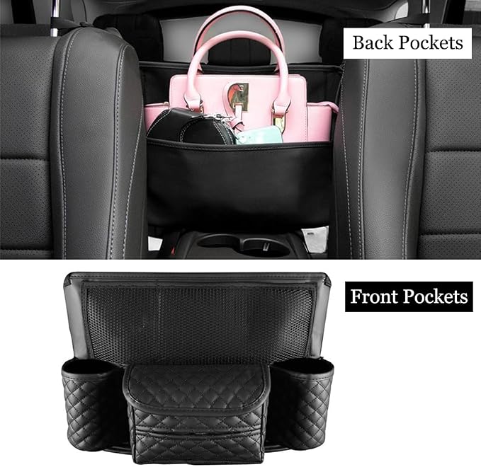 Car Organizer, Leather Large Capacity Car Purse Holder for Front Seat, Seat Back Net Bag Double-sided Tissue Storage Handbag Holder Car Accessories (Black)