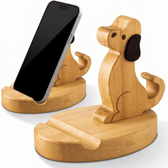 Xuhal 2 Pack Cute Dog Phone Stand for Desk, Wooden Animal Phone Holder, Novelty Cellphone Stand Cute Wooden Desk Smartphone Ornament, Gift for Dog Lovers Women Office Home Kitchen