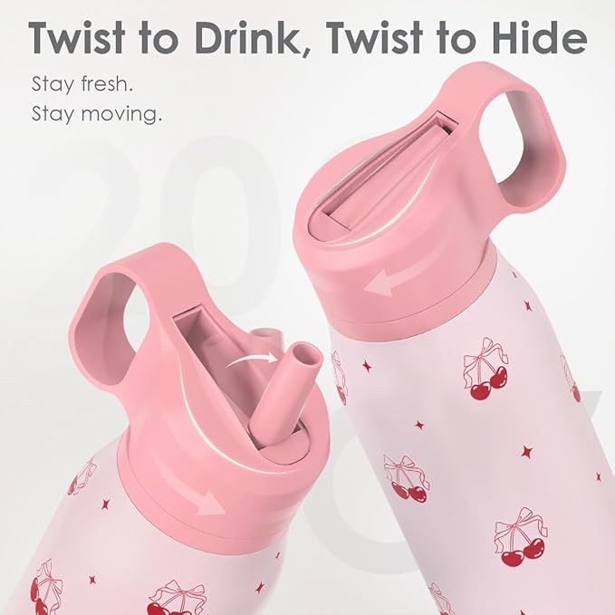 Cherry Water Bottle with Twist Lid Stainless Steel 20oz, Travel Insulated for Sports & Gym, Gift for Women Girl Birthday Christmas