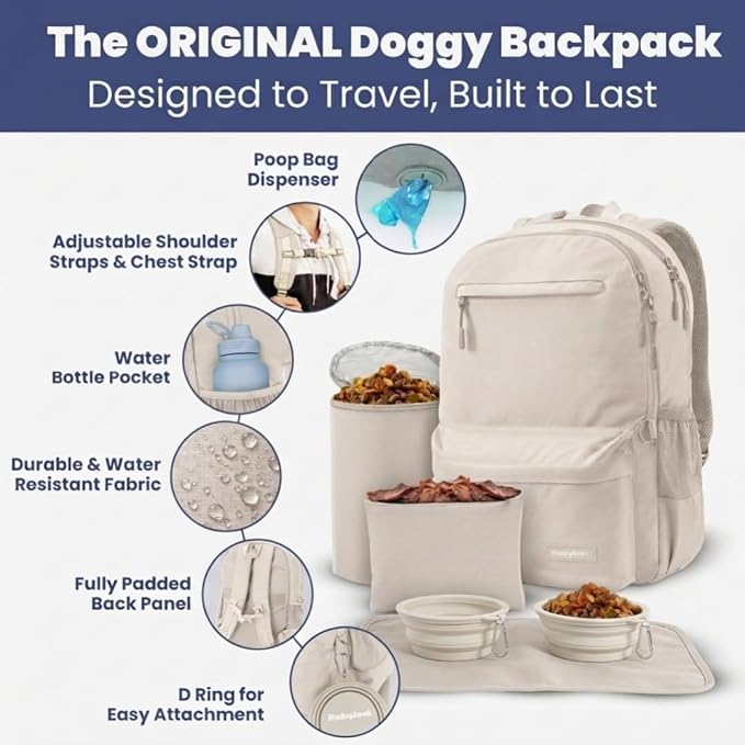 Dog Travel Backpack for Supplies - Dog Diaper Bag with Travel Bowls | 2 BPA-Free Bowls; Food Container & Treat Pouch; Placemat; Laptop Sleeve; Poop Bag Dispenser, Hiking, Camping & Road Trips,