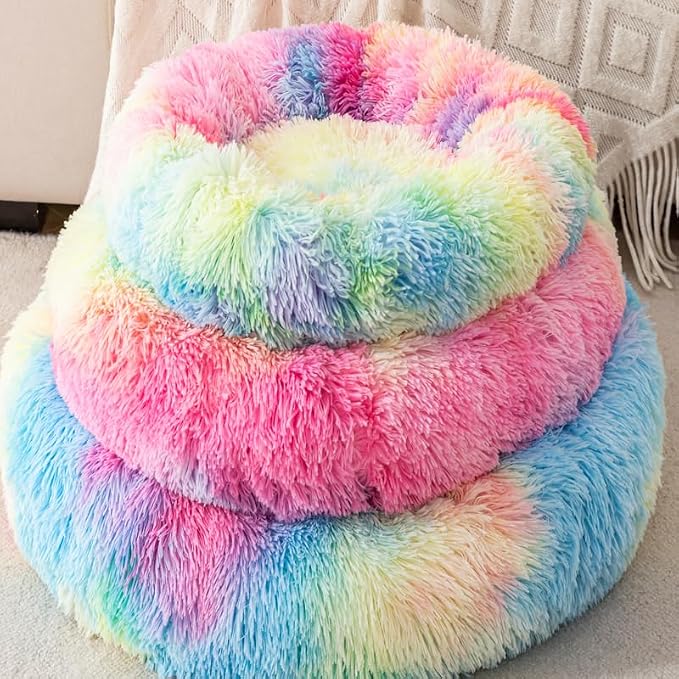 Cat Beds for Indoor Cats, Calming Dog Bed for Small Dogs & Pet, 13.5in | Donut Cama Para Gatos, Machine Washable, Anti-Slip & Water-Resistant Bottom, Deep Sleeping Fluffy Donut to 7Lbs, Small