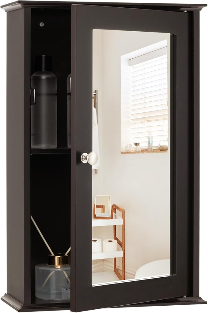 LOKO Bathroom Medicine Cabinet, Wall Mounted Storage Cabinet (Brown) | Single Mirrored Door | Adjustable Shelf | For Bathroom, Living Room, Entryway | 13.5 x 6 x 21 inches