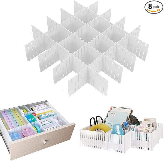 Onerbuy 8pcs Adjustable Grid Drawer Dividers DIY Plastic Closet Separator Tidy Organizer Container for Underwear Socks Belt Office Supplies