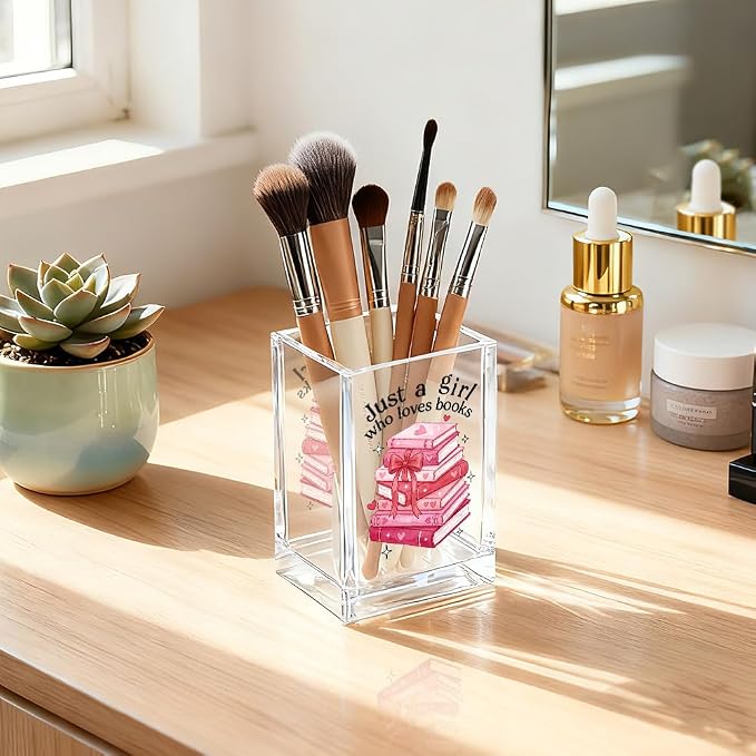 Just A Girl Who Loves Books Acrylic Pencil Holder Cup for Book Lover | Funny Floral Books Desk Organizer for Bookish Bookworms Readers, Women Empowerment Gifts for Daughter Girls Sister BFF (Red)