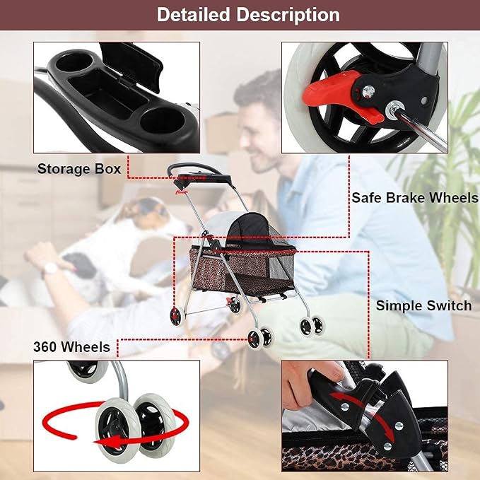 HGS Pet Cat Dog Stroller 4 Wheels Jogger Puppy Travel Carrier Portable Doggie Cage Strolling Cart with Cup Holders, 35Lbs Capacity Folding Waterproof for Medium Dogs Cats Pet, Leopard Skin