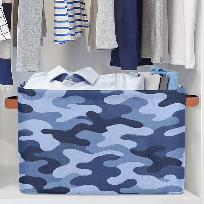 Pardick Camo Basket Storage Bins Rectangle Canvas Basket Cube Storage Box | Nursery Foldable Basket with Handle for Kids Girls Boys Toys Living Room Closet Organizer Shelf Gifts Camouflage Blue
