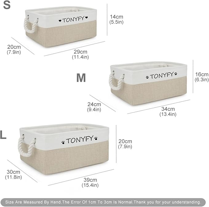 Pet Toy Storage Box Dog Toy Organizer Basket Personalized Large Capacity Collapsible Bin Two-Tone Linen Chest with Sturdy Handles for Living Room Pet Supplies Organizing (White Khaki S)